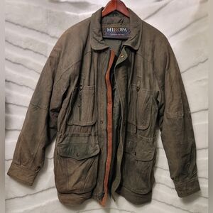 VTG Miropa Green Brown Leather Duffle Coat Pockets Adjustable Waist Men's Large